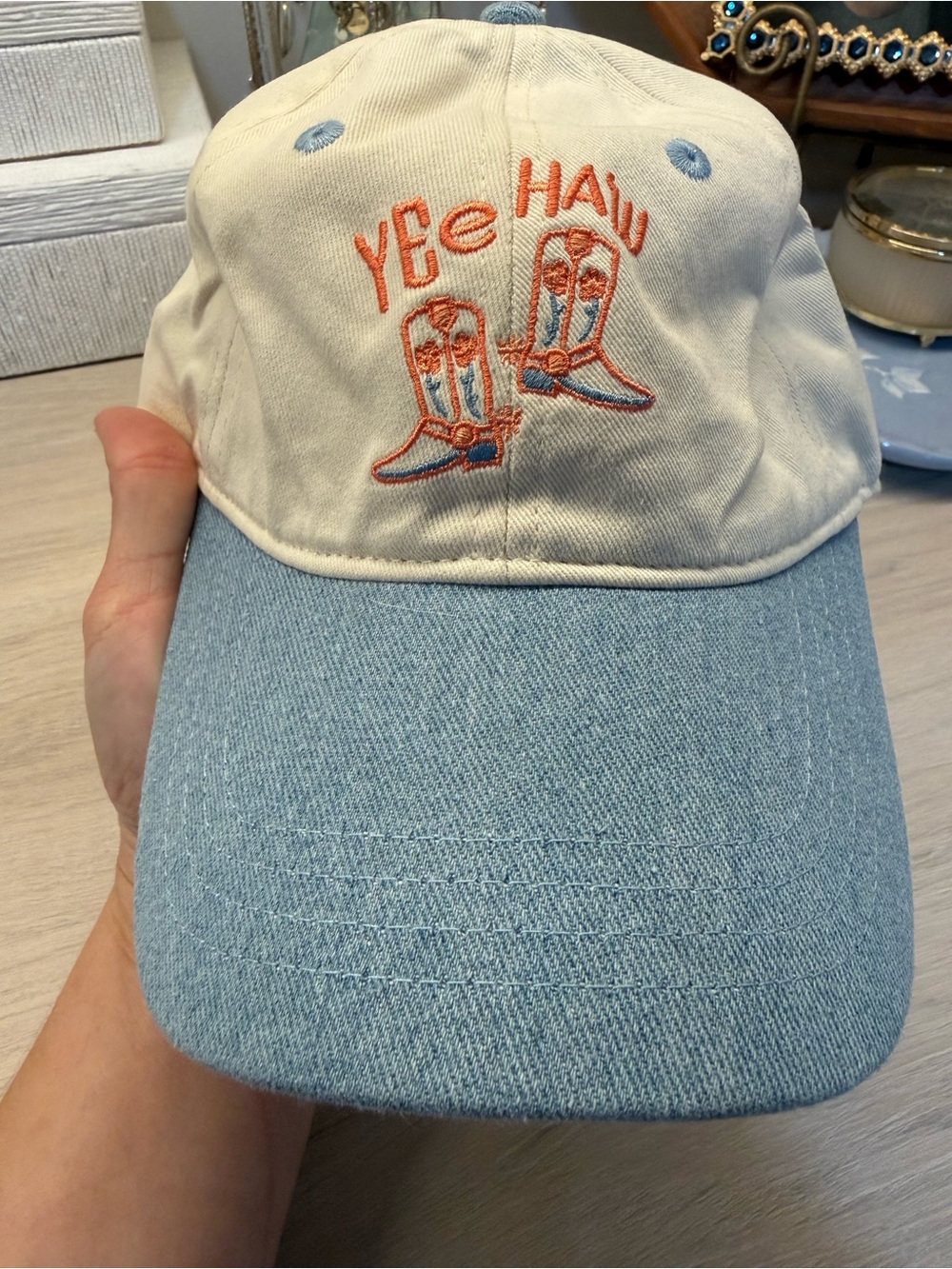 Target Two-Tone Cream and Light Blue Cowboy Boot Baseball Cap